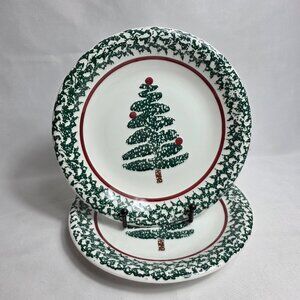 TWO Furio Christmas Tree Salad Plates Green Sponge Tree & Edge Made in Italy